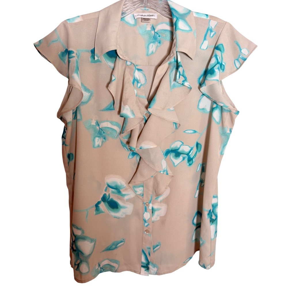 Calvin‎ Klein Ruffle Front Blouse Womens Small Beige Teal Floral Cap Sleeve Top